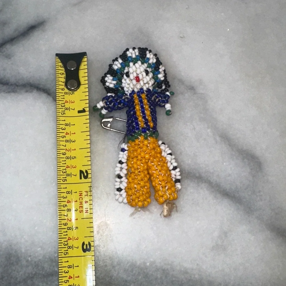 Vintage Handcrafted Indian Beaded Doll Pin Blue Yellow Seed Bead Folk Art Brooch